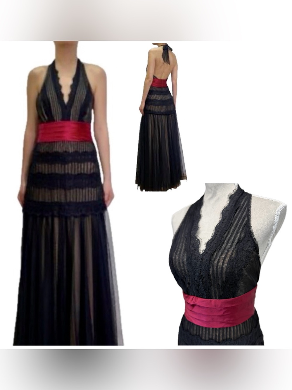 BCBGMAXAZRIA Black Lace Tulle Dress Maxi Gown 2/4 Red Silk Sash Goth Glam Fairy